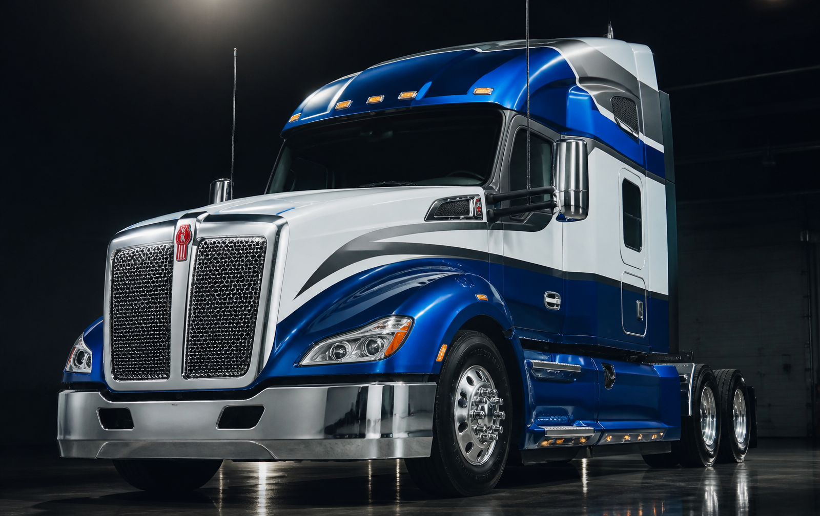 Blue, white, and gray semi-tractor truck cab ready for professional mobile detailing