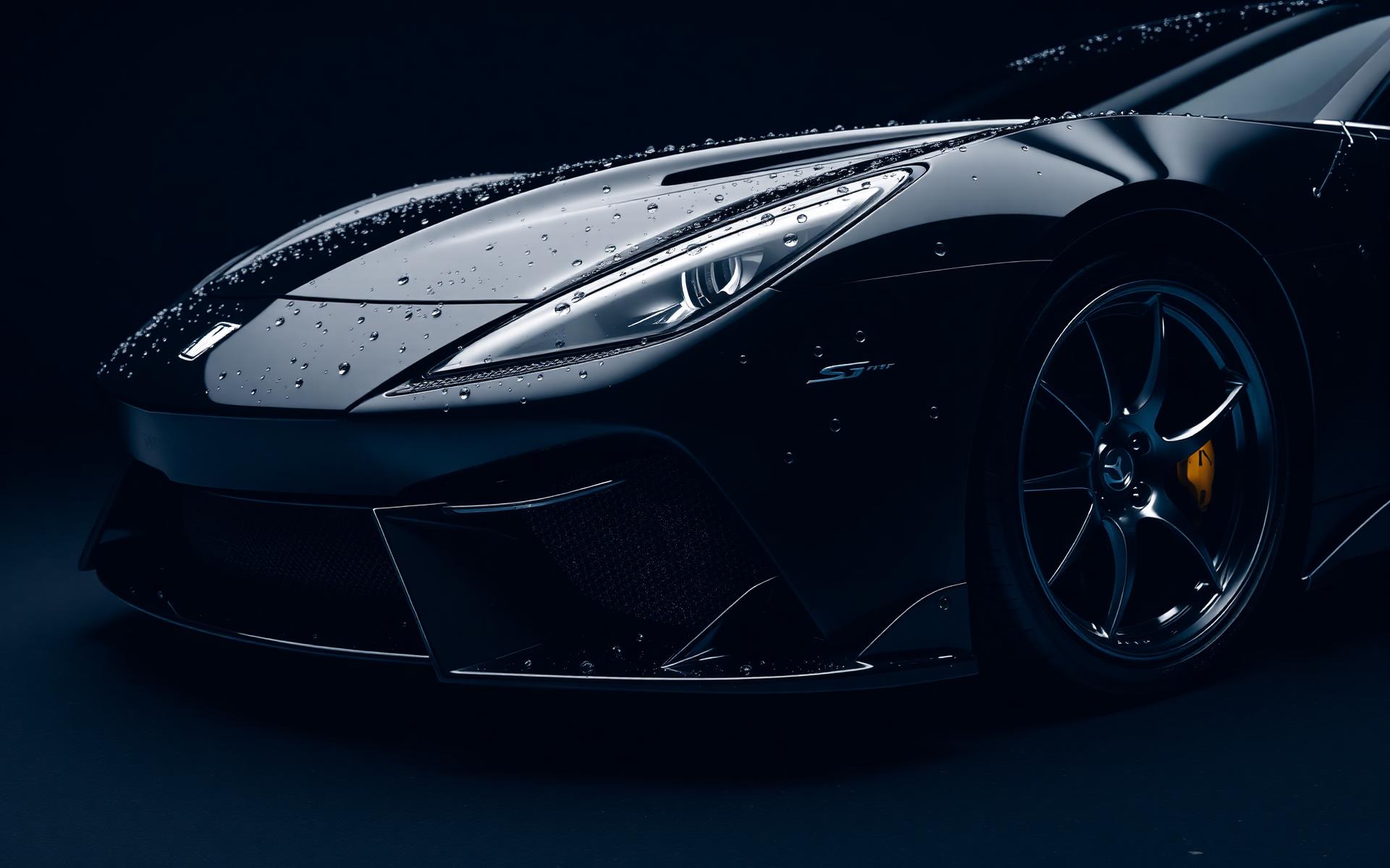 Freshly detailed luxury black sports car with water beading on paint